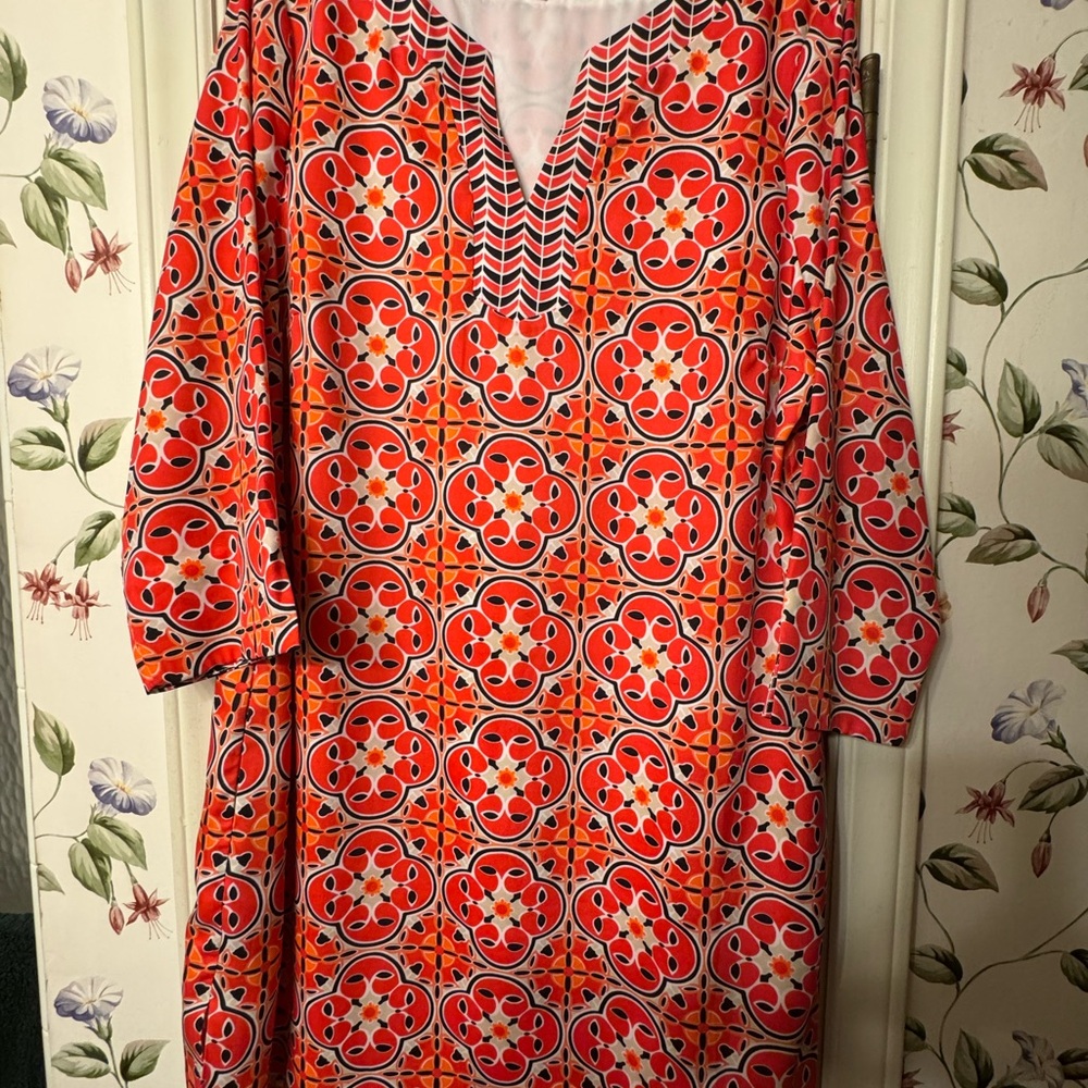 Crown & Ivy Vibrant Red and Orange Patterned Dress